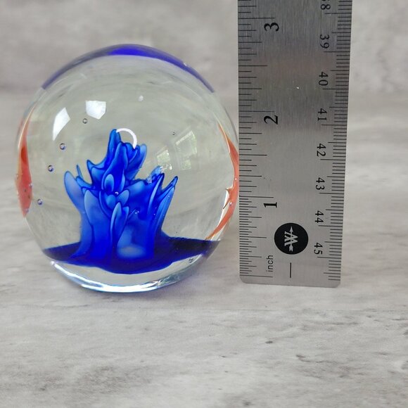 Hand Blown Glass Paperweight Aquarium Orange Fish Blue Coral Art Decor 3" Sphere - Picture 6 of 7
